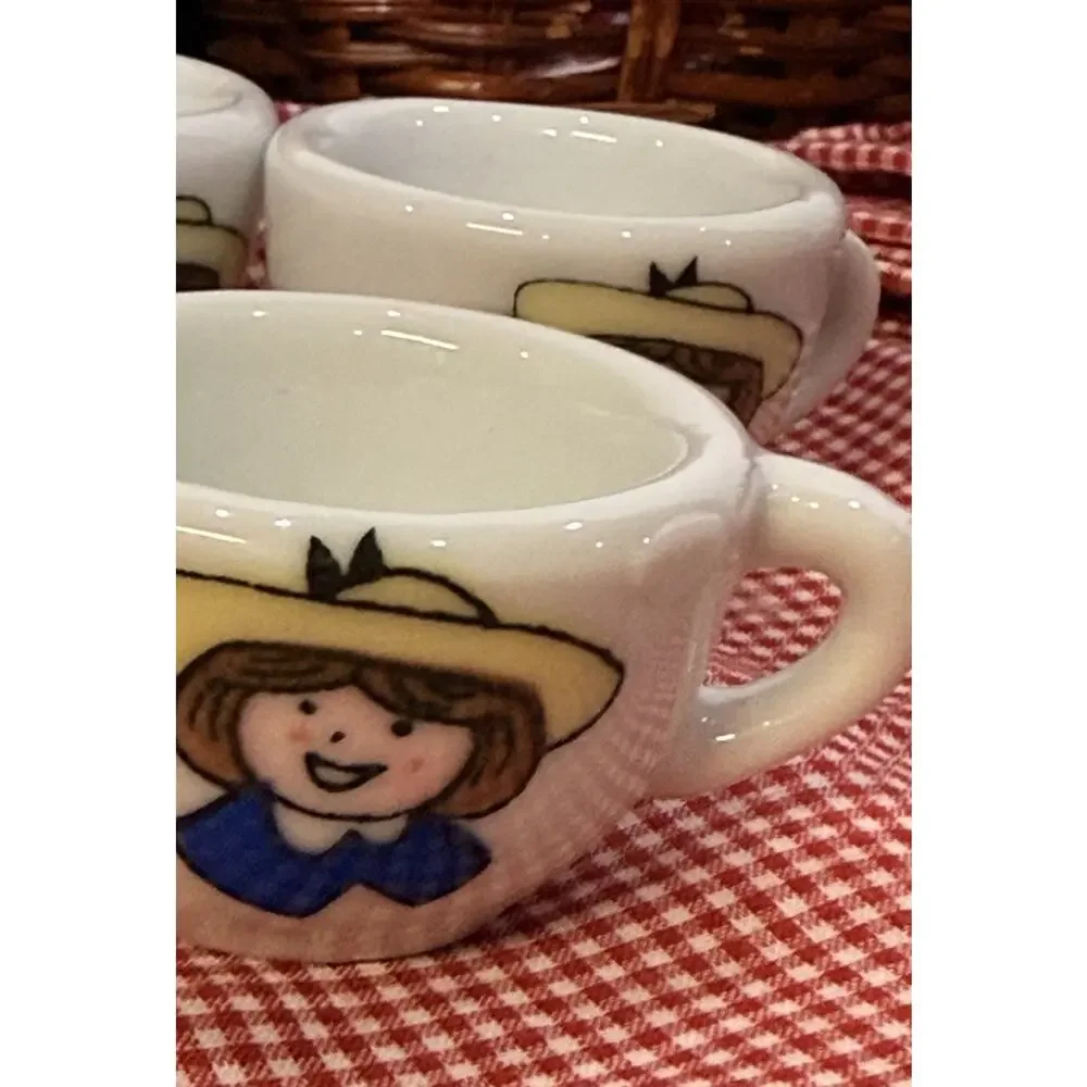 Vintage Schylling Madeline Tea Set Wicker Picnic Basket Complete Set Gingham 90s